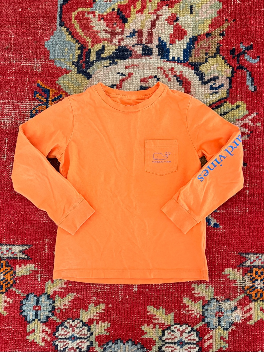 Vineyard Vines Kids Bright Orange Long-Sleeve Pocket Tee with Blue Sleeve Logo